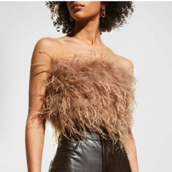 Lamarque Zaina Strapless Ostrich Feather Top - Doeskin color - Picture 4 of 9